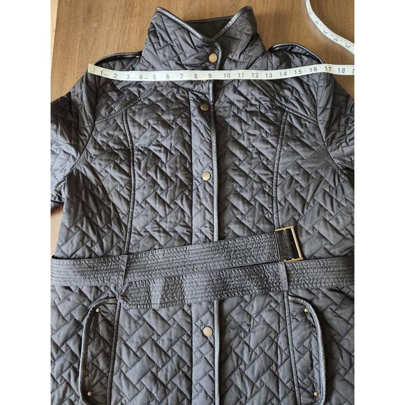 Cole Haan Quilted Coat Black Belted Trench Jacket W/ Lamb Skin Trim Women's L - Picture 7 of 9